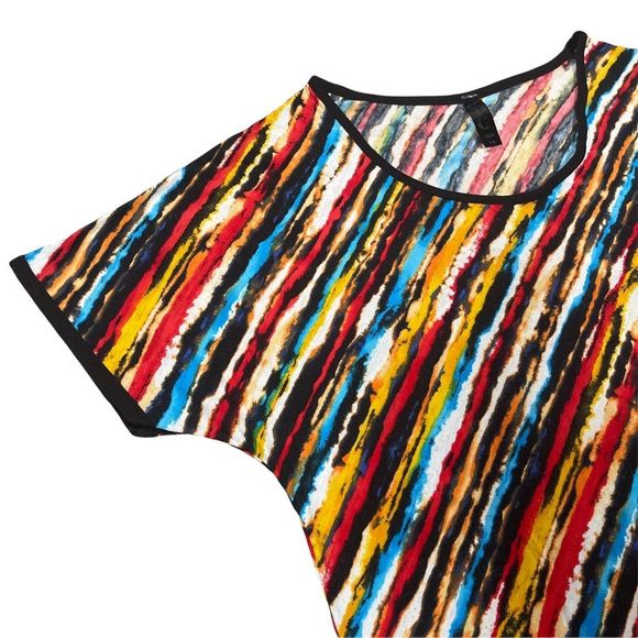 Plus size 1x colorful wavy stripes shirt swoop neck batwing arms thick black hem - Picture 2 of 9